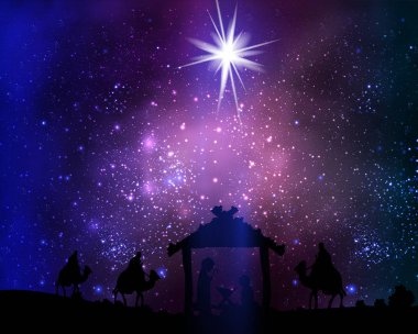 İsa'nın kulübe uzay arka plan üzerinde Noel yıldızı