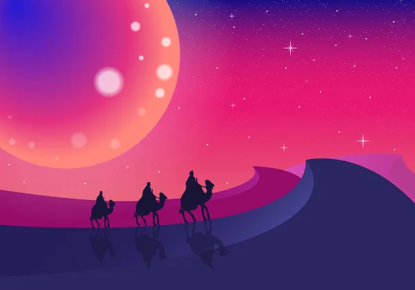 Drei Kamelreisende in der Wüste — Stockvektor
