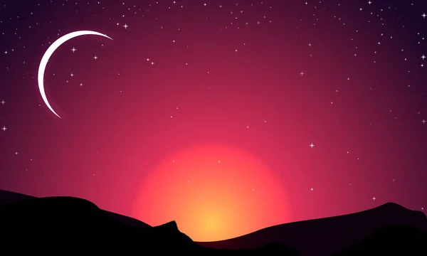 Media luna en el fondo de la puesta del sol y las montañas — Vector de stock
