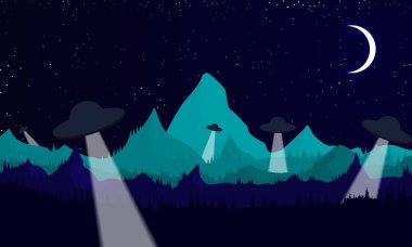 Orman ve dağlar arka plan üzerinde UFO