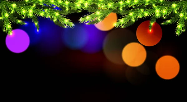 Glowing branches of a Christmas tree on a dark background bokeh — Stock Vector