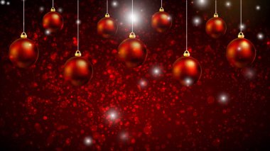 Noel kırmızı topları bir kırmızı arka plan bokeh üzerinde asılı