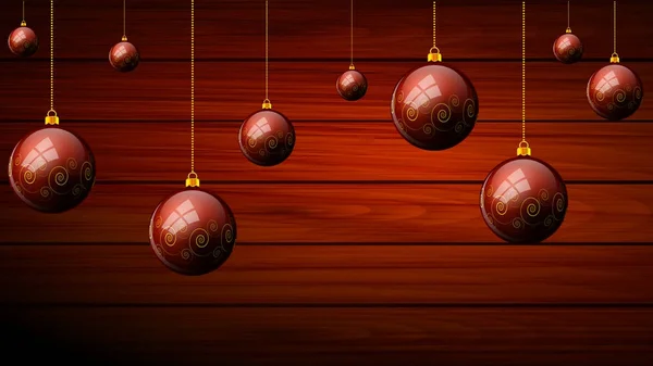 Висячие рождественские шары на деревянном фоне — стоковый вектор