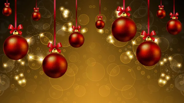 Hängende Weihnachtskugeln und festlicher Hintergrund mit Highlights und Bokeh — Stockvektor