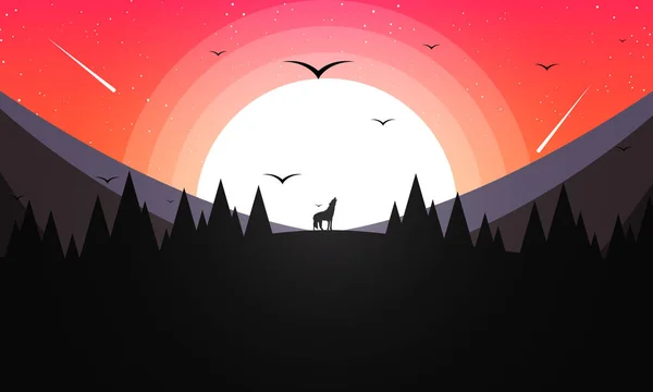 Воющий волк на фоне гор и заката — стоковый вектор