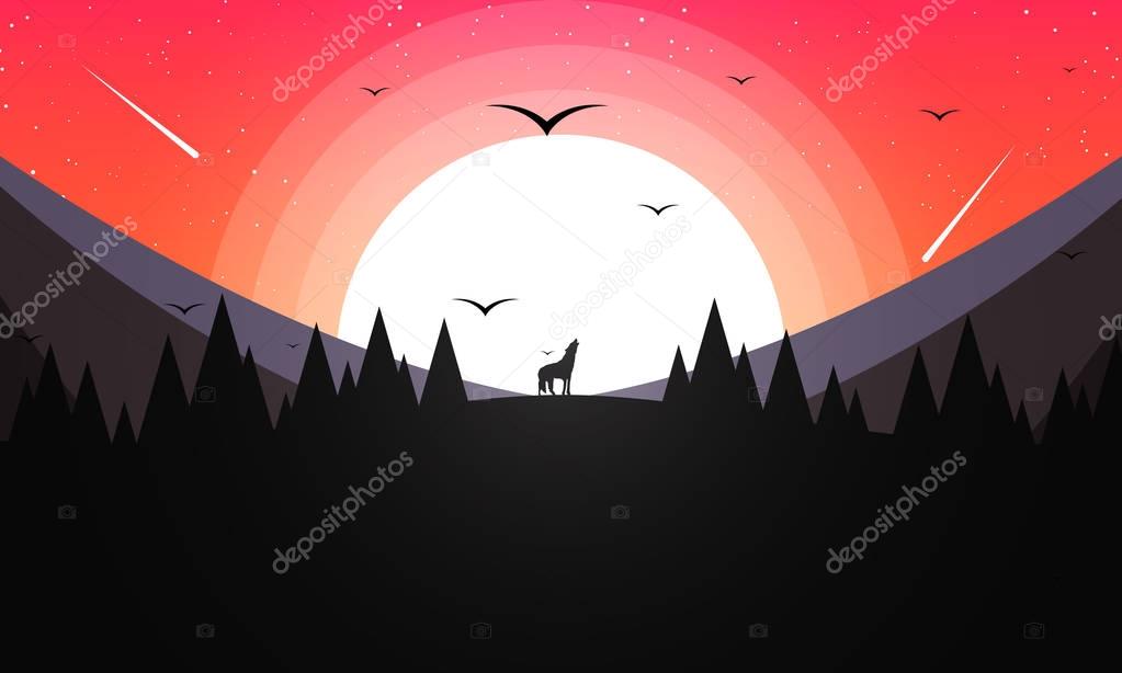 A howling wolf in the background of mountains and sunset