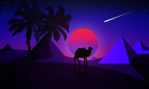 Nachtlandschaft einer Palme und eines Kamels auf einem Hintergrund von de — Stockvektor