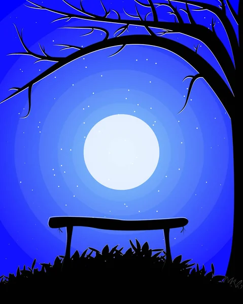 Un banco bajo un árbol en el fondo de la luna — Vector de stock