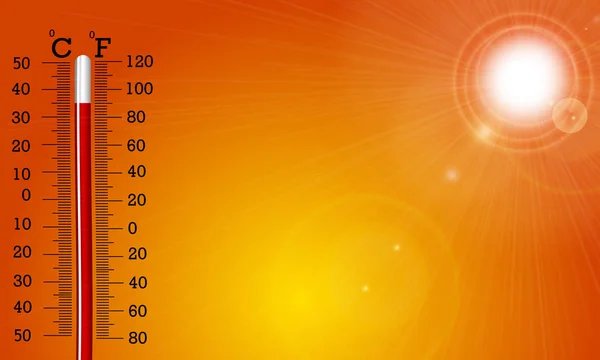 Velmi horké slunce a teploměr — Stockový vektor