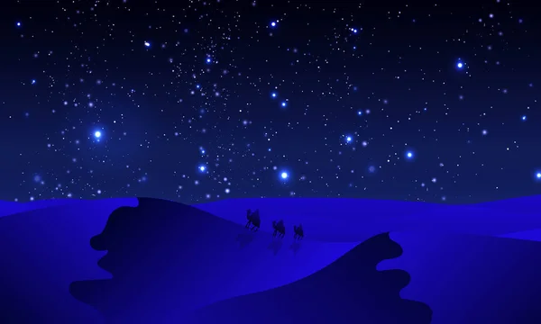 Viajeros en el desierto azul de la noche — Vector de stock