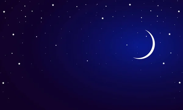 Cielo azul nocturno con una media luna y estrellas — Vector de stock