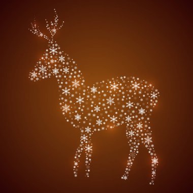 Kar taneli geyikli Noel kartı, vektör sanatsal çizimler.