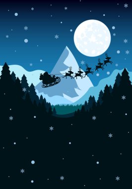Noel Baba kış ormanı üzerinde uçar, vektör sanat çizimi.