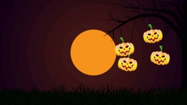 Bir ağaç Halloween pumpkins üzerinde asılı, sanat illüstrasyon vektör.
