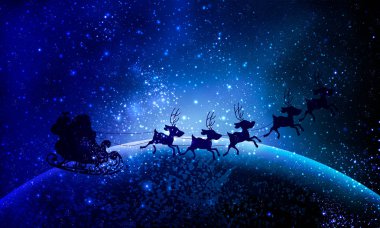 Mavi Gezegen 'in arka planında Noel Baba, vektör sanat çizimi.