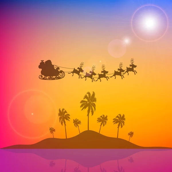 Santa Claus Πετούν Πάνω Από Ένα Νησί Φοίνικες Διανυσματική Τέχνη — Διανυσματικό Αρχείο