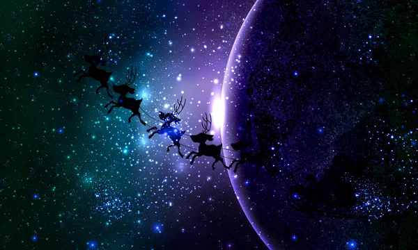 Uzay gezegeninin arka planında Noel Baba, vektör sanat çizimi.