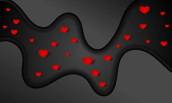 Fondo Romántico Ondas Suaves Negras Corazones Rojos Ilustración Arte Vectorial — Vector de stock