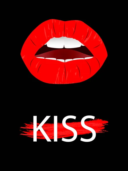 Lips Sensual Woman Inscription Kiss Black Background Vector Art Illustration — Stock Vector