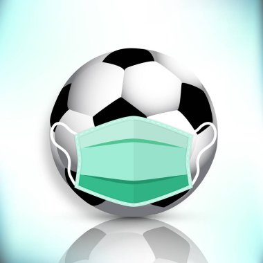 Tıbbi maskeli futbol topu, vektör sanat çizimi..