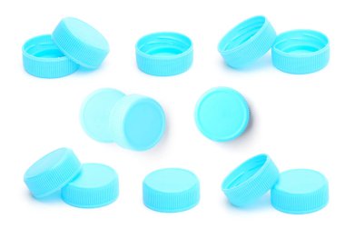 beyaz zemin üzerine mavi plastik şişe kapağı