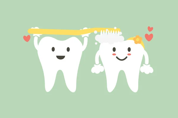 Lindo par de dientes se cepillan los dientes con el corazón — Vector de stock