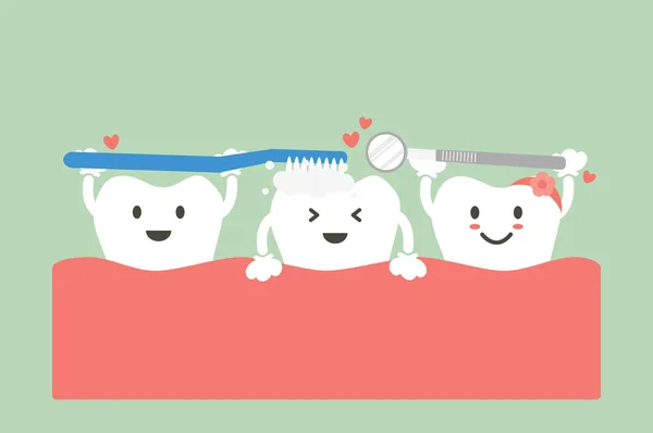 Lindo grupo de amigos de los dientes se cepillan los dientes con el corazón — Archivo Imágenes Vectoriales