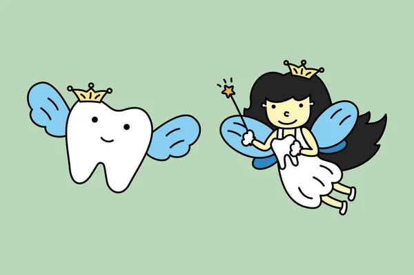 Niedliche Zahnfee fliegt mit gesunden Zähnen — Stockvektor
