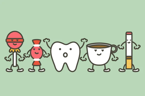 歯の損傷、崩壊、黄色の歯の概念の原因します。 — ストックベクタ