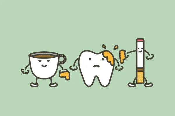 Zęby są rozmazane z kawy i papierosów, płytki nazębnej i koncepcja ząb żółty — Wektor stockowy