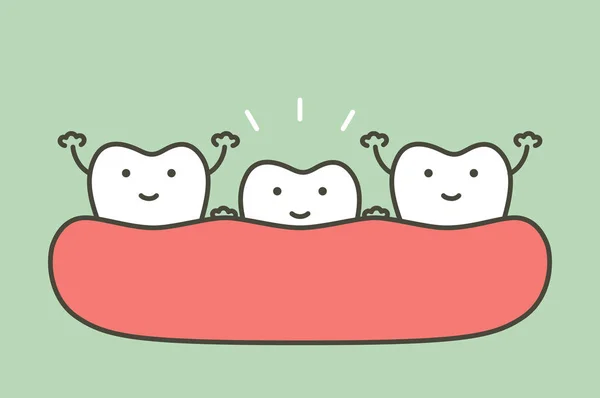 Tooth groeiende omhoog van kauwgom en andere tanden zijn glimlachen, eerste tand concept — Stockvector