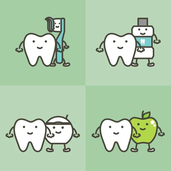 Gezond tand en beste vrienden tandenborstel, tandpasta, mondwater, floss en apple, tandheelkundige zorg en hygiëne concept — Stockvector