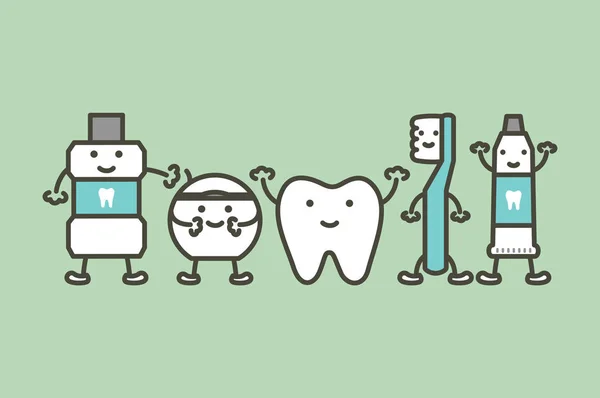 Dent saine et drôle ami brosse à dents, dentifrice, rince-bouche et fil dentaire, concept de soins dentaires — Image vectorielle