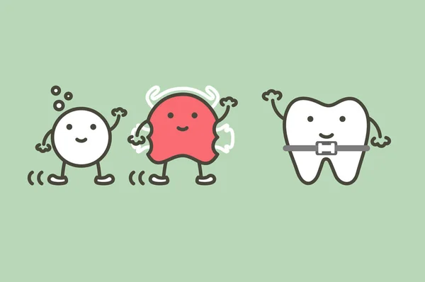 Dientes ortodóncicos felices o frenos dentales y amigo tienen retenedor y tableta efervescente — Vector de stock