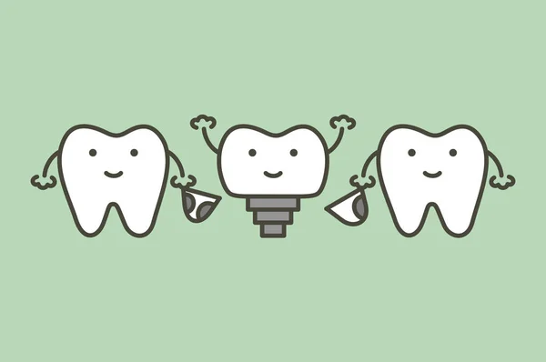 Tooth implantaat, tanden veranderen nieuwe wortel naar vriend — Stockvector