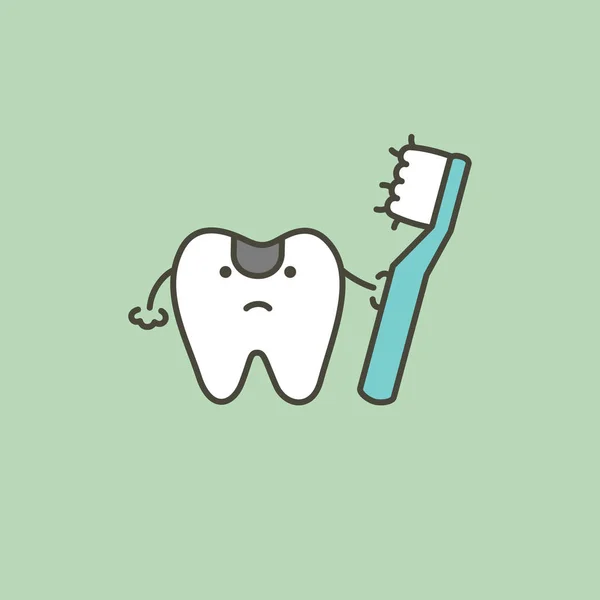 Utilizar un cepillo de dientes viejo para cepillarse los dientes, haciéndolo impuro y causando caries dental — Vector de stock