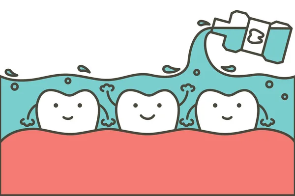 Rengöring tänder med munvatten, tandvård hälsovård — Stock vektor