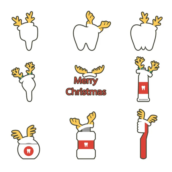 Zahn, Zahnbürste, Zahnpasta, Mundwasser und Zahnseide mit Hirschgeweih für frohe Weihnachten - Zähne Cartoon Vektor flach Stil — Stockvektor