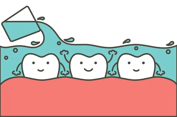 Limpieza de dientes por enjuague bucal, cuidado de la salud dental — Archivo Imágenes Vectoriales