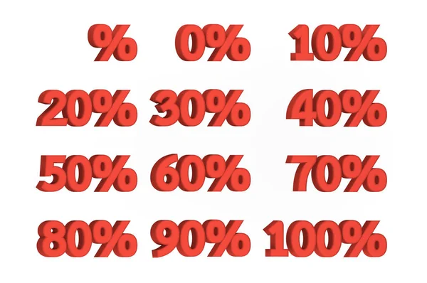 Set 0% - 100% piros százalékos értékesítési címke elszigetelt fehér alapon, kedvezmény promóciós szimbólum — Stock Fotó