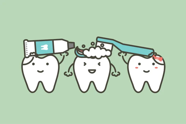 Ząb trzyma szczoteczkę do zębów i pastę do zębów do mycia zębów dla przyjaciela — Wektor stockowy