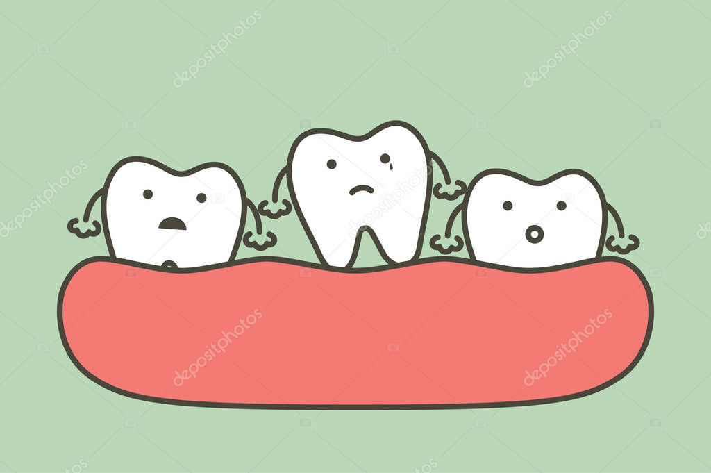 loose tooth or missing teeth, tooth is fall out of the gum - dental cartoon vector flat style cute character for design