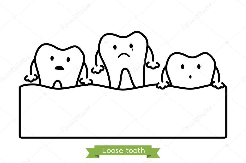 loose tooth, tooth is fall out of the gum - dental cartoon vector outline flat style cute character for design
