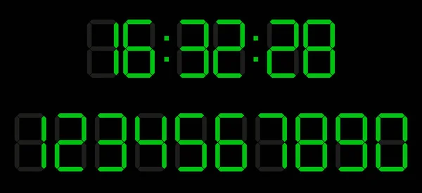 Dijital LED numaraları. LED figürlü elektronik veya dijital saat sayacı. Düz stil. Siyah arka planda izole edilmiş. Vektör illüstrasyonu