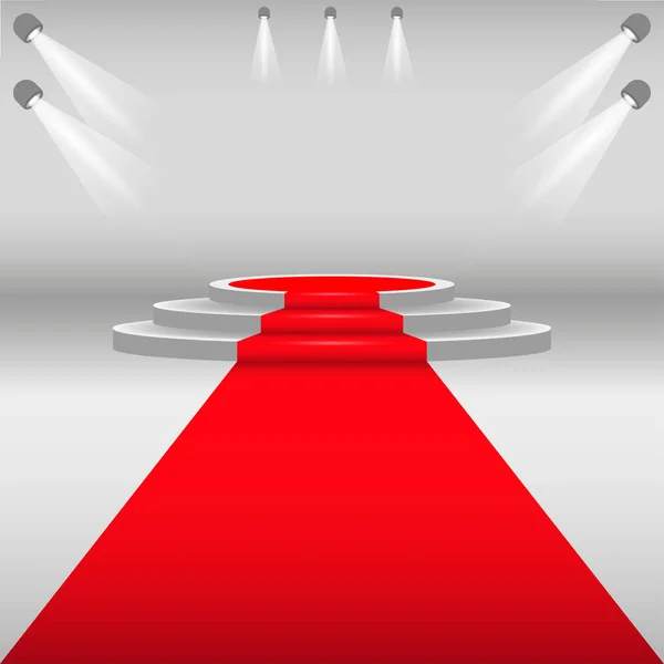 Kırmızı halı ve podyum. Kırmızı çizgili, beyaz, yuvarlak kaide. Işıklı sahne podyumu, ödül töreni senaryosu. Vektör illüstrasyonu