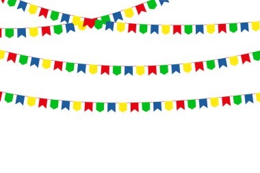 Tatil çelengi. Beyaz arka planda renkli bayraklı çelenk. Tatil geçmişi. Vektör illüstrasyonu