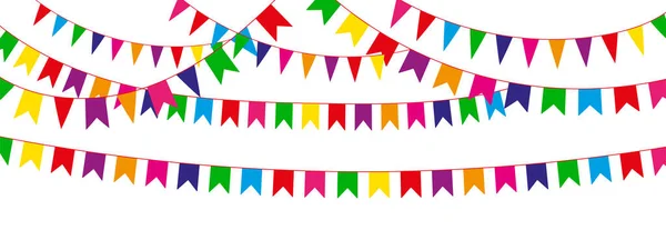 Tatil bayrakları. Beyaz arka planda renkli bayraklı çelenk. Tatil geçmişi. Vektör illüstrasyonu