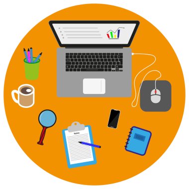 İzole edilmiş bir işyeri konsepti. Laptop, akıllı telefon gibi dijital cihazların görselleştirilmesi. Masaüstü bilgisayarı. Vektör illüstrasyonu