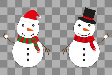 Noel Baba şapkalı iki kardan adam ve sihirbaz şapkası. Kartopları ellerinde. Noel illüstrasyonu. Vektör illüstrasyonu