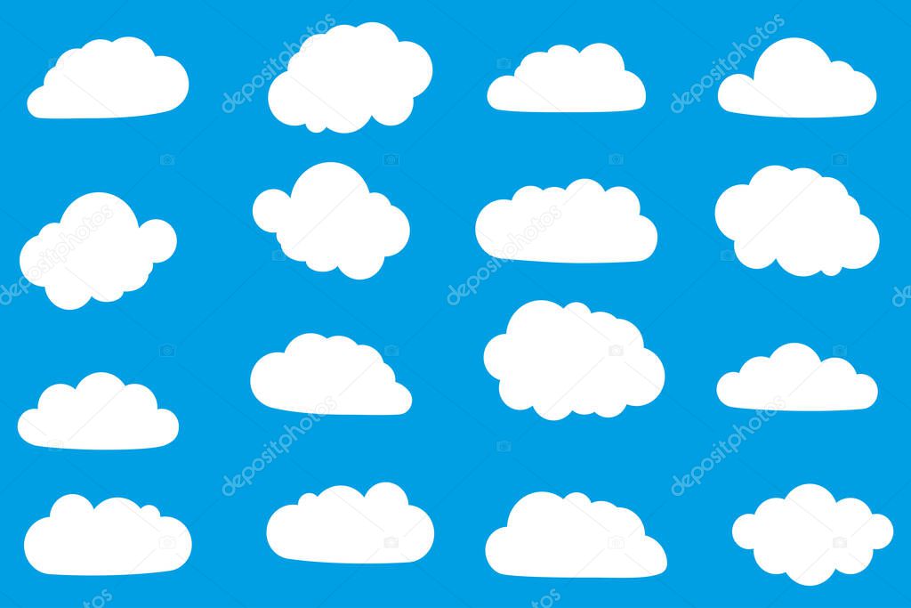 Set of white clouds isolated on blue background. Vector illustration